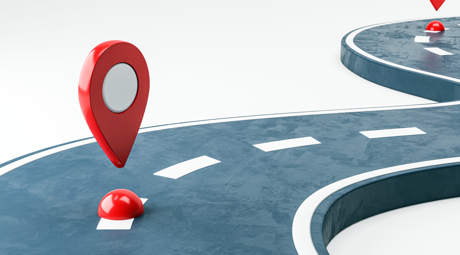 Red map pin on curved road, abstract background, concept of navigation and geolocation. 3D Rendering