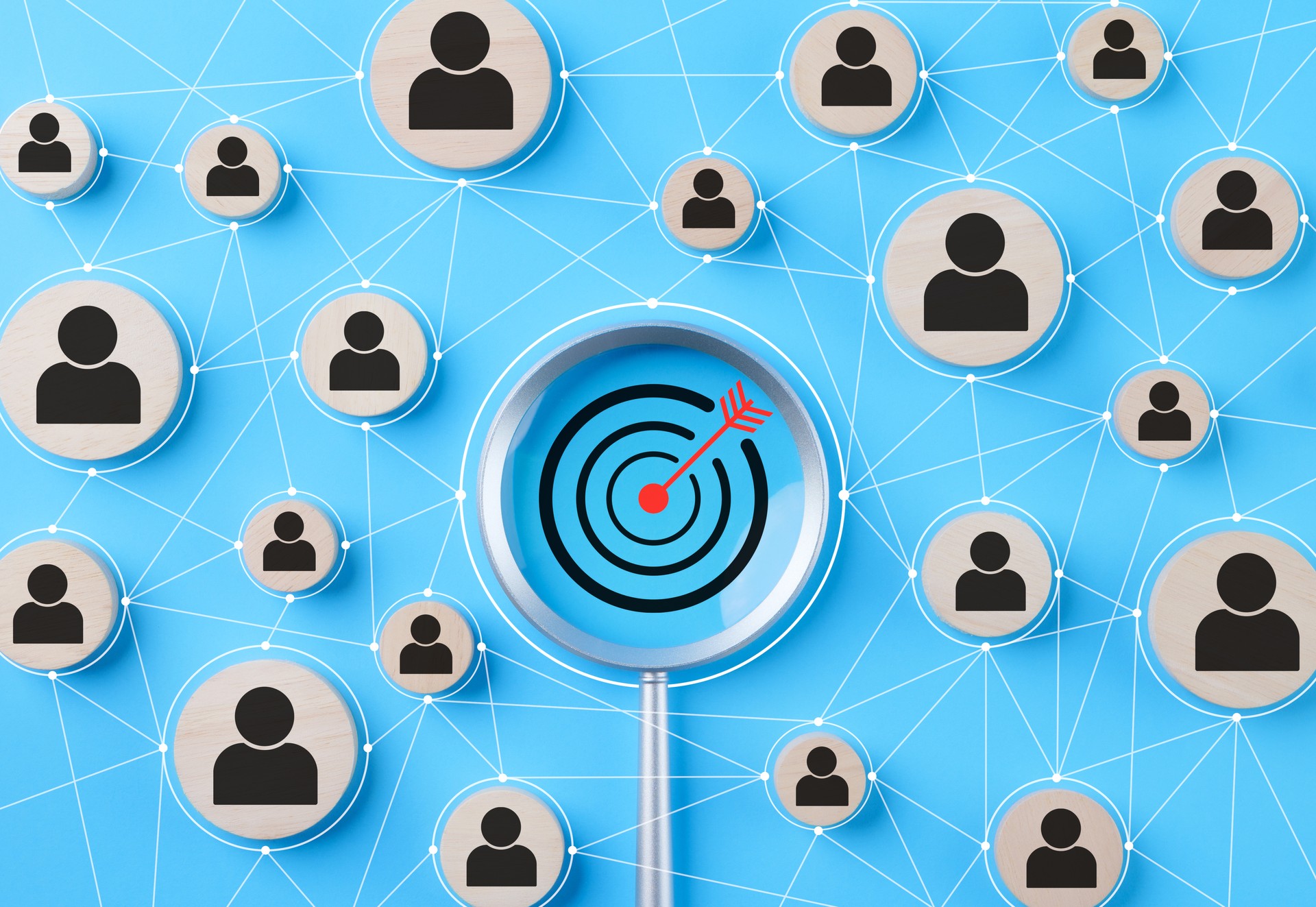 CRM, Customer relationship management concept. Graphic illustration of customer profiles connected to a target, representing customer relationship management and targeted marketing strategies.